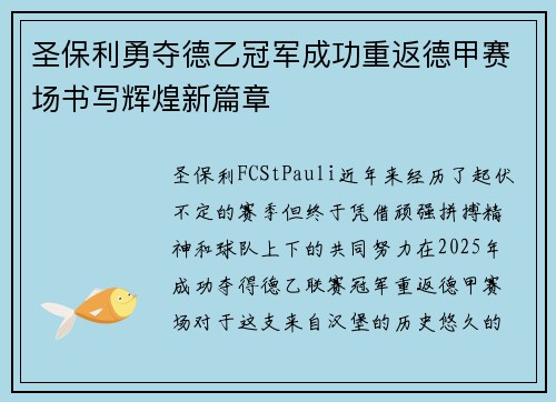 圣保利勇夺德乙冠军成功重返德甲赛场书写辉煌新篇章