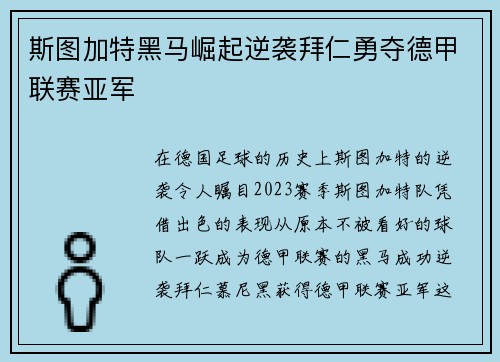 斯图加特黑马崛起逆袭拜仁勇夺德甲联赛亚军 斯图加特黑马崛起逆袭拜仁勇夺德甲联赛亚军